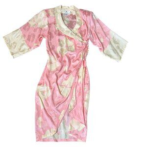 vintage Floral Kung Silk Floral Wrap Dress kimono Size 4 Pink & Cream